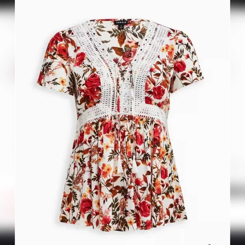 Torrid White Floral Crochet-Trim V-Neck Top with Orange and Pink Roses